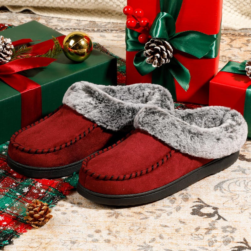 ULTRAIDEAS Women's Memory Foam House Slippers with Hard Bottom, Fur Lined House Shoes with Non-Slip Rubber Sole for Indoor & Outdoor (Moc Red, 9-10) - Image 5